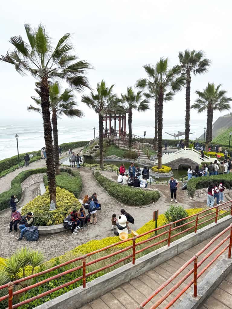 Looking down at Chinese Park along the coastal Malecon de Miraflores in Lima, Peru.