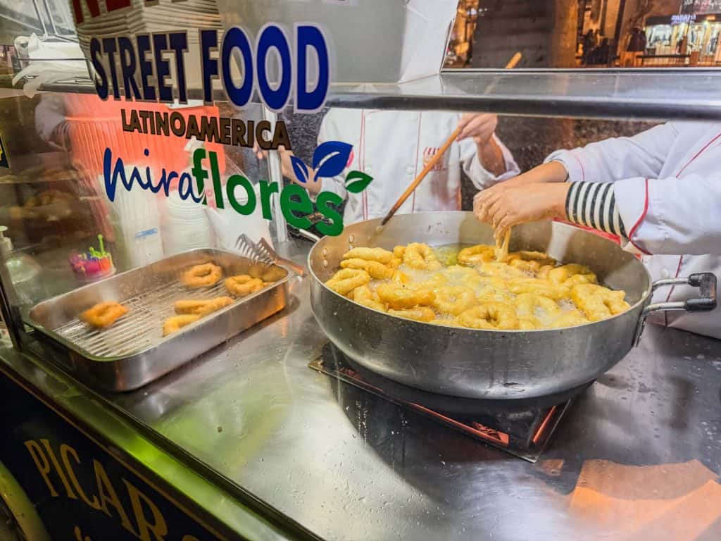 Freshly made picarones at the Picarones Marys stand in Kennedy Park, Miraflores.