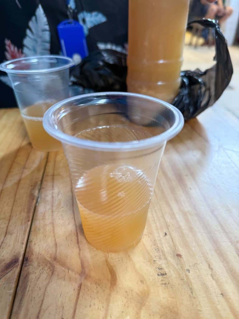 A glass of chicha, a Peruvian drink enjoyed by locals at Mercado de Surquillo in Miraflores, Lima.