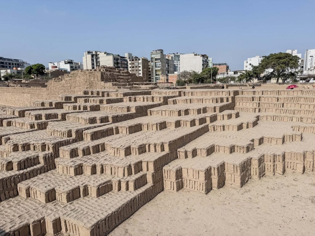 Wide view of the bookcase style of making an adobe pyramid at the Huaca Pucllana ancient ruins in the center of Miraflores, Lima.
